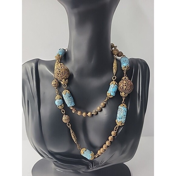 Vintage Boho Brass Filigree Necklace Blue Stone Beads Artisan Tribal Style Flaw - Picture 5 of 13